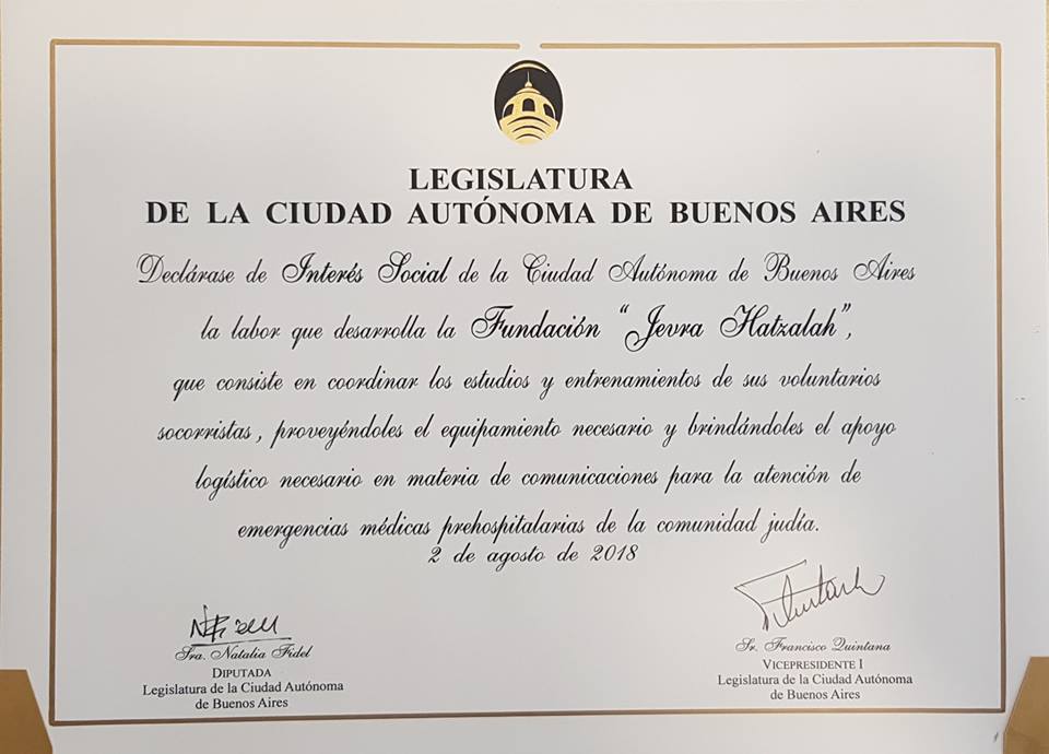 Jevra Hatzalah Argentina declarada Interés Social